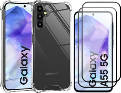 Hoesje geschikt voor Samsung Galaxy A55 - 2x Screenprotector Volledig Dekkend Glas - Shockproof Transparant