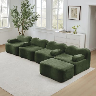 BLACKCOLORS Modulaire 4-zits L-vormige bank met 1 chaise longue, golvende vorm, schuim met hoge dichtheid 32D, afneembaar armleuningkussen, zachte stof, voor de woonkamer, groen