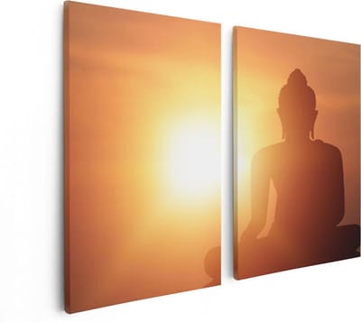 Artaza Canvas Schilderij Tweeluik Silhouet Van Een Boeddha Beeld Met Zonsondergang - 80x60 - Foto Op Canvas - Canvas Print