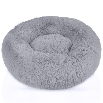 Intirilife pluche bed in lichtgrijs diameter 60 cm - Zacht rond antislip hondenbed kattenbed kussen comfortabele hondenbank kattenbank voor honden en katten