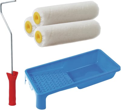 Sorex pluisvrije verfrollers schilderen set - met beugel en verfbak - 3x anti spat vacht rollers - pluisvrij - breedte 10 cm - dikte 2.5 cm