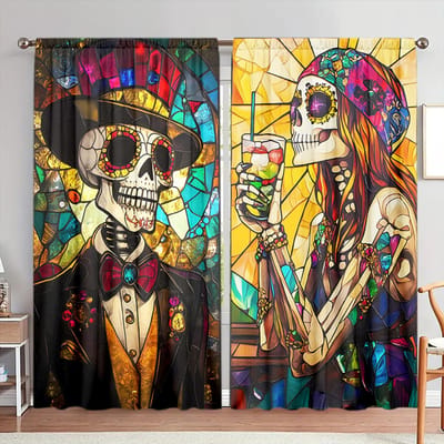 2 stuks Kleurrijk Glas-in-Lood Skelet Liefde Bedrukt Gordijn voor Halloween Huisdecoratie - Tunnel voor Roede Raambekleding voor Slaapkamer 52.5cmX116cm X 2pcs yellow