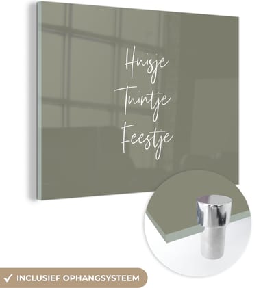 MuchoWow® Glasschilderij 160x120 cm - Schilderij acrylglas - Huisje tuintje feestje - Tekst - Quotes - Thuis - Foto op glas - Schilderijen