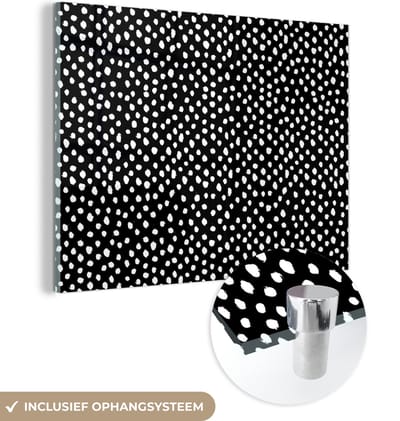 MuchoWow® Glasschilderij 120x90 cm - Schilderij acrylglas - Zwart - Wit - Patronen - Stippen - Foto op glas - Schilderijen