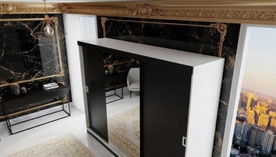 Schuifdeurkast Casa Velluto RetroLux 200 – Multifunctionele Garderobekast met Spiegel – Moderne Woonkamerkast – Wit + Zwart – 200x205x59 cm – Elegant & Ruim Opbergmeubel