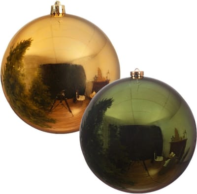 2x stuks grote kerstballen van 20 cm glans van kunststof goud en groen - Kerstversiering