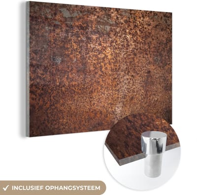 MuchoWow® Glasschilderij 120x80 cm - Schilderij acrylglas - Staal - Roest - Brons - Structuur - Foto op glas - Schilderijen