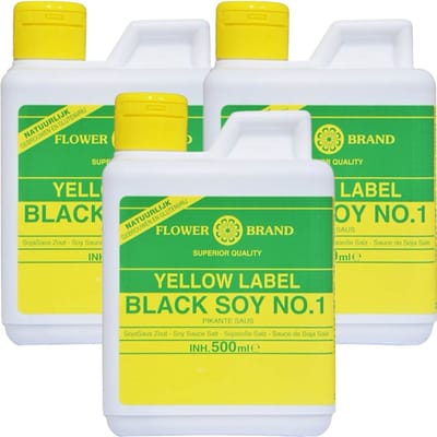 Flowerbrand® | Yellow Label Black Soy No1 | voor vlees en gevogelte | Sojasaus | Zout | Voordeelpak (3x500 ml)