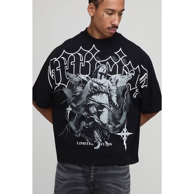Zwarte oversized boxy heavyweight T-shirt met engelprint | Black | Size XS