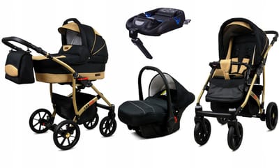 BabyLux® Kinderwagen 4in1 – LARGO - BLACK COFFE GOLD FRAME - Opklapbare Wandelwagen incl. Reiswieg, Multifunctionele Buggy Sportstoel, Autostoel, ISOFIX basisstation - Combi-kinderwagen met Luiertas, Regenhoes, Klamboe
