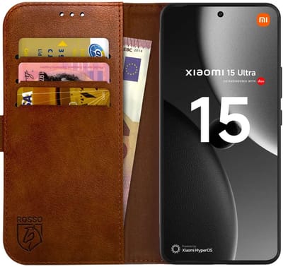 Rosso Element Geschikt voor Xiaomi 15 Ultra | Wallet Book Case | Portemonnee Hoesje | 3 Pasjes | Magneetsluiting | Stand Functie | Bruin