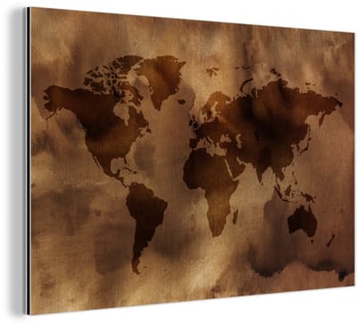 Aluminium schilderij 30x20 cm - Wanddecoratie metaal - Wereldkaart - Bruin - Patronen - Metalen muurdecoratie woonkamer - Decoratie industrieel - Foto op dibond - Industriële accessoires slaapkamer