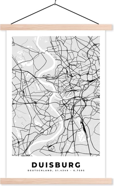 Posterhanger incl. Poster 40x60 cm - Schoolplaat - Kaart - Duisburg - Duitsland - Stadskaart - Plattegrond - Textielposter - Blanke latten - Stadskaart