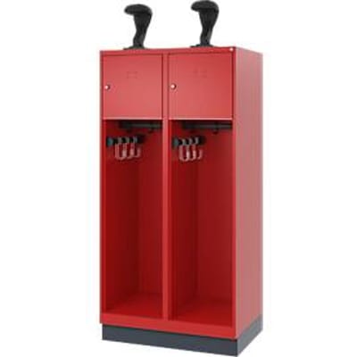 Brandweerkluis C+P Evolo Youngster, 2 vakken, met helmhouder, met sokkel, B 800 x D 500 x H 1630 mm, RAL 3000 vuurrood/RAL 7016 antracietgrijs