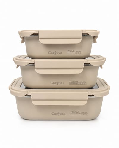 Caryota 304 RVS Lunchbox Set van 3 - Broodtrommel - Vershoudbakjes Glazen Deksel - Anti-Lek - PFAS-vrij & BPA-vrij - 3.6 liter -