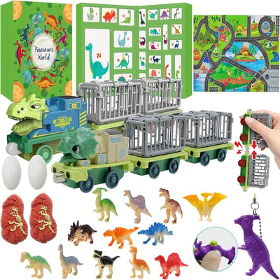 Adventskalender 2025 - Kinder Dinosaurus Kerstverrassing Aftelkalender - 24-dagen speelgoedset - Inclusief dinosaurusmodel, autokaart en aftelkalender - Creatief cadeau - Aftelkalender cadeau - Geschikt voor jongens en meisjes