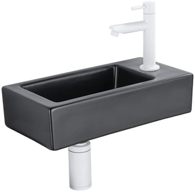 QeramiQ Fuente Fonteinset - 37.5x18.5x9cm - keramiek - kraangat rechts - fonteinkraan mat wit - afvoerplug - verlaagd sifon - Mat Zwart