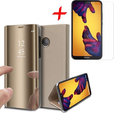 Hoesje geschikt voor Huawei P20 Lite - Screen Protector GlassGuard - Book Case Spiegel Goud & Screenprotector