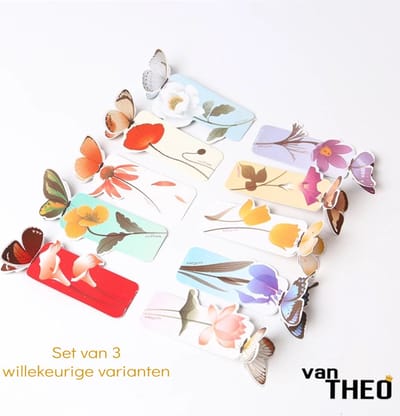 van Theo® Boekenlegger Vlinder & Bloem – Bladwijzer - Bookmark – Kaartje - Kleine Cadeautjes - Set van 3
