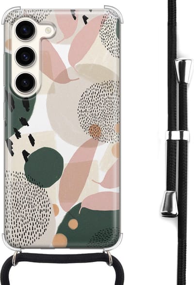 Hoesje met koord - Geschikt voor Samsung Galaxy S23 - Abstract print - Verstelbaar zwart koord - Crossbody - Print / Illustratie - Transparant, Beige - Leuke Telefoonhoesjes