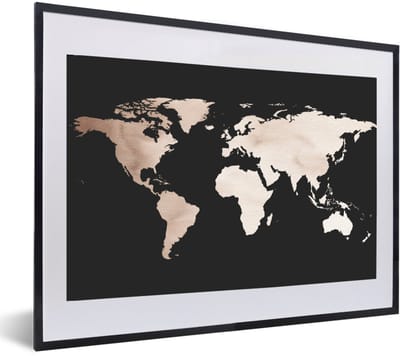 Poster in lijst - Fotolijst 60x40 cm - Posters - Wereldkaart - Bruin - zwart - Posterlijst zwart - Decoratie - Wanddecoratie woonkamer - Muurdecoratie slaapkamer
