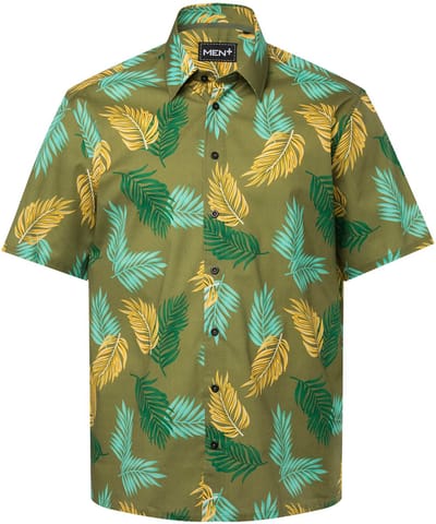 Men Plus - Heren - Overhemd buik-fit korte mouwen kentkraag all-over print - Cactus - Maat L