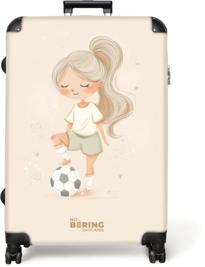 NoBoringSuitcases.com® - Koffer groot - Reiskoffer lichtgewicht - Meisje met een voetbal in beige kleuren - Rolkoffer met 4 wielen - Grote trolley XL - 98 liter bagage