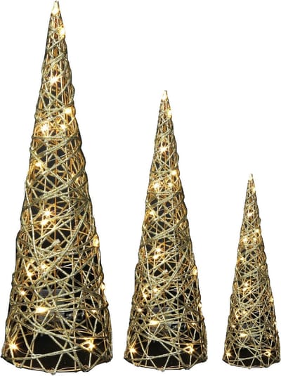 Countryfield LED kegels - kerstboom lampen - 3x- goud - H40, H60, H80cm - warm wit - timer