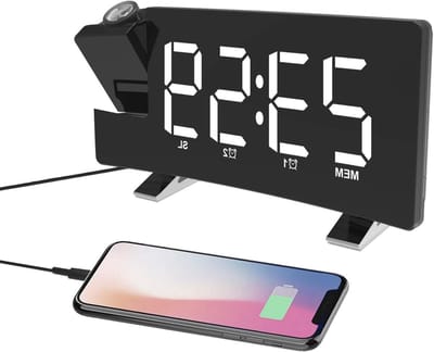 Digitale Projectie Wekker FM Radio Klok met USB Charger 2 Alarm Setting 5 '' Grote Display Snooze Functie - Wit