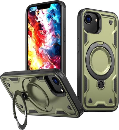 Magsafe Hoesje Geschikt voor iPhone 16e / iPhone 17e Hoesje Olijfgroen - Armor Hoesje met Met Draaibare Ring Houder