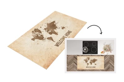Keukenloper - Loper keuken - Welkom Thuis - Bruin - Wereldkaart - 120x60 cm - Keukenloper vinyl