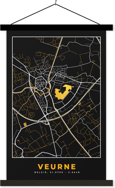 Posterhanger incl. Poster 40x60 cm - Schoolplaat - Veurne - Goud - Plattegrond - Stadskaart - Kaart - Textielposter - Zwarte latten - Stadskaart