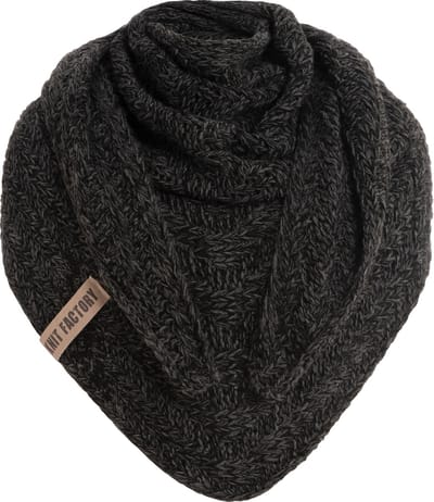 Knit Factory Sally Gebreide Omslagdoek - Driehoek Sjaal Dames - Dames sjaal - Wintersjaal - Stola - Wollen sjaal - Zwart gemêleerde sjaal - Zwart/Antraciet - 220x85 cm - Grof gebreid