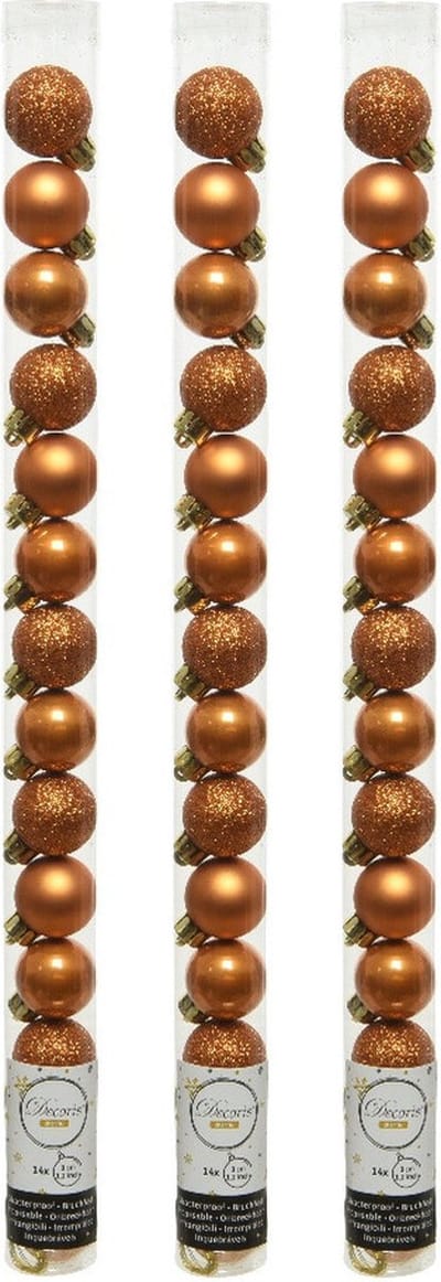 Decoris Mini kerstballen - 42x st - cognac bruin - D3 cm - kunststof - kerstversiering