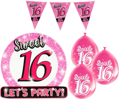 Sweet 16 - Sweet Sixteen verjaardag versiering - pakket vlaggetjes - ballonnen - roze