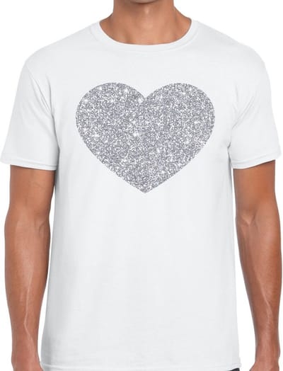 Glitter and Glamour hartje print - in het zilver - t-shirt in het wit - voor heren - Love - Vrijgezellenfeest - Foute Party S