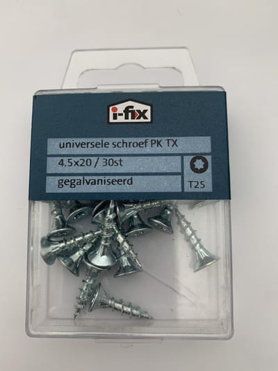 Houtschroef. 4.5 x 20mm. lang. Platkop-Torx-T20. Verzinkt. 30 stuksSpaanplaatschroeven. I-fix.