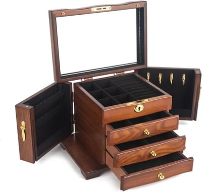 Houten Sieradendoos - Juwelendoos Organizer - Sieraden Opbergen - Met Spiegeltje - 28x19x20cm - Kleur 2