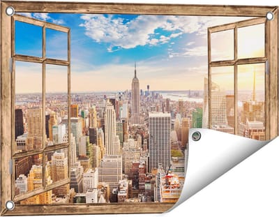 Gards Tuinposter Doorkijk New York Manhattan tijdens Zonsondergang - 60x40 cm - Tuindoek - Tuindecoratie - Wanddecoratie buiten - Tuinschilderij