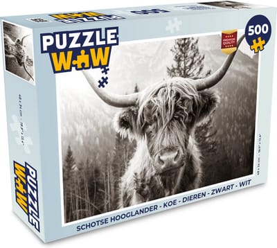 Puzzel Schotse hooglander - Koe - Dieren - Zwart - Wit - Legpuzzel - Puzzel 500 stukjes