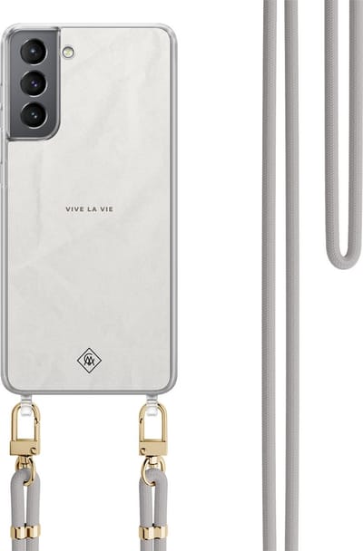 Casimoda® hoesje met koord - Geschikt voor Samsung S21 - Vive La Vie - Afneembaar koord - TPU/polycarbonaat - Grijs