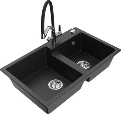 Mexen Tomas granieten gootsteen met 2 kamers en keukenkraan Duo, zwart/goud metallic - 6516-75-671701-07