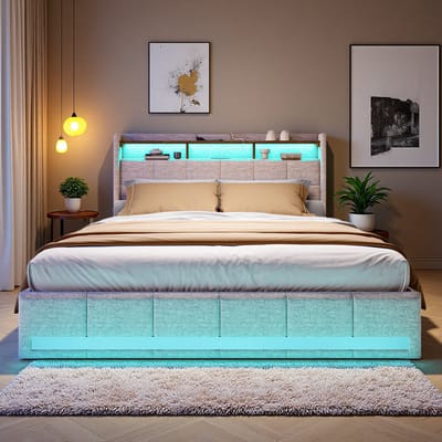 Gestoffeerd bed 180x200cm - beige linnen, 4 lades, LED-verlichting, USB & Type-C poort - ideaal voor slaapkamers