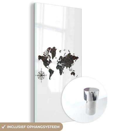 ® Glasschilderij 60x120 cm - Schilderij acrylglas - Wereldkaart - Goud - Zwart - Windroos - Foto op glas - Muurdecoratie woonkamer - Wanddecoratie slaapkamer - Schilderijen