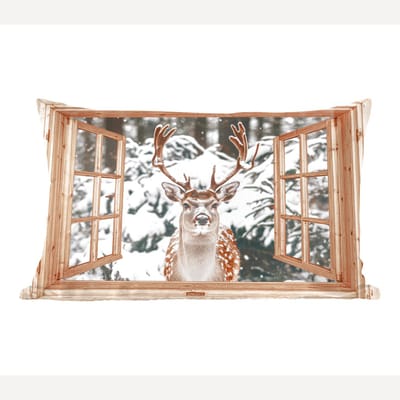 Sierkussens - Kussentjes Woonkamer - 60x40 cm - Doorkijk - Hert - Sneeuw - Winter - Bos - Dieren