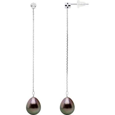 Oorbellen Prestige - Diamanten 0,02 Ct - Wit Goud - Echte GeCultiveerde Tahiti Parels Pear 9-10 mm
