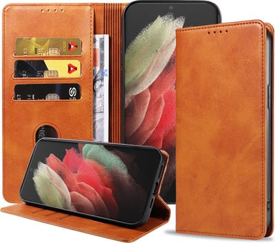 Smartphonica Samsung Galaxy S21 Ultra leren hoesje met magnetische sluiting en pashouders book case – Bruin geschikt voor Samsung Galaxy S21 Ultra