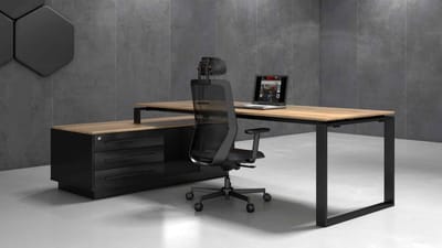 Directiebureau Cube Hoekcombinatie incl ladenblok met 3 laden. Met zwevend blad. Uitvoering links.