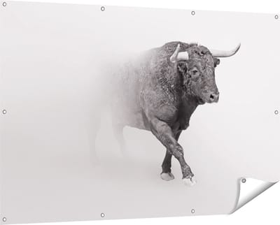 Gards Tuinposter Stier op een Grijze Achtergrond - Zwart Wit - 150x100 cm - Tuindoek - Tuindecoratie - Wanddecoratie buiten - Tuinschilderij