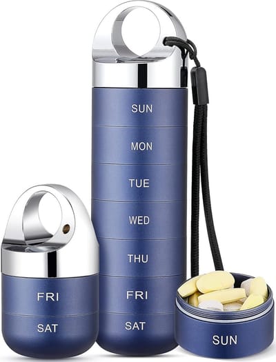 Metaal Reizen Pillen Pillendoosje - Draagbare Waterdichte Wekelijkse Pillendoos - Grote Aluminium Legering Pillenhouder - voor Vitaminen/Visolie/Supplementen - Diepblauw